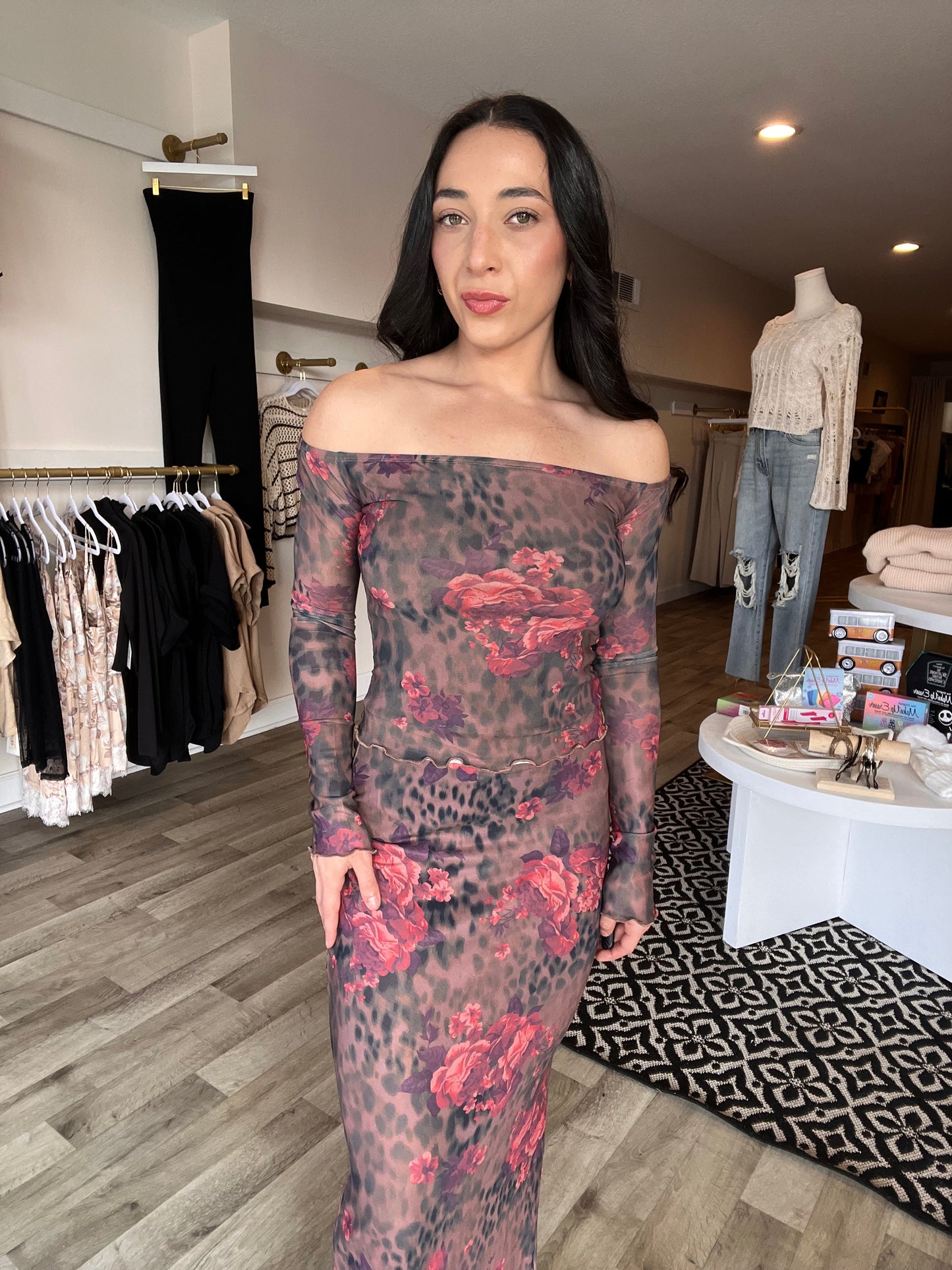 FLORAL LEOPARD MESH MAXI SKIRT