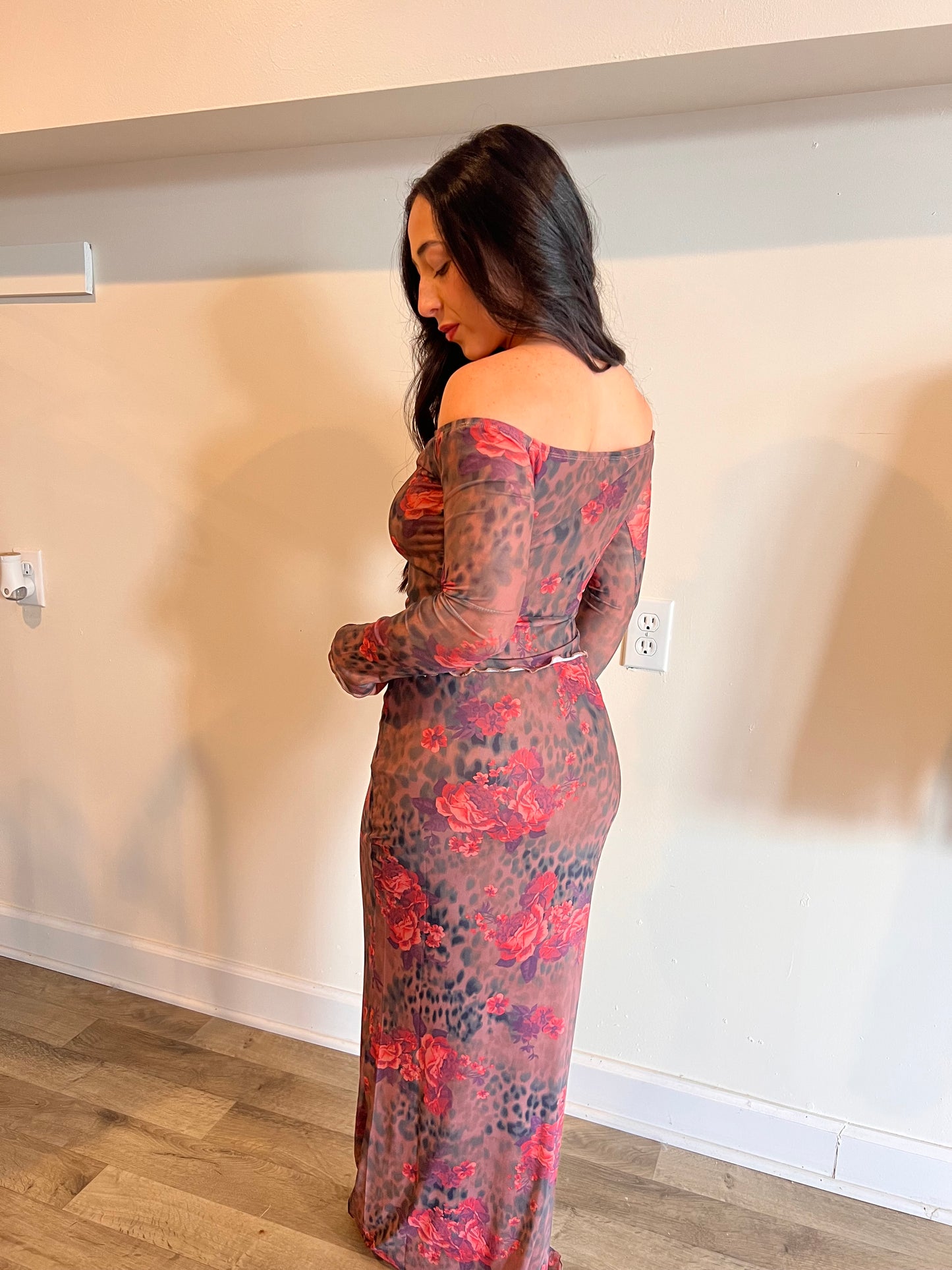 FLORAL LEOPARD MESH MAXI SKIRT