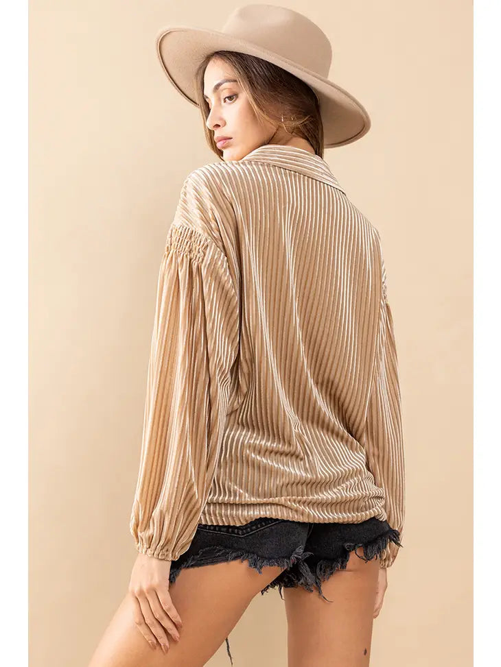 STRIPED VELVET BUTTON DOWN - CHAMPAGNE