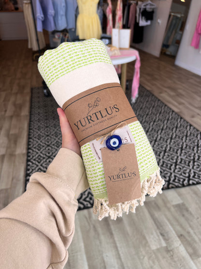 Sunset Drape – Yurtlu’s Elegance Turkish Towel - Lime Green & Beige