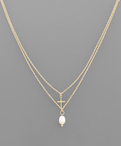 PEARL CROSS LAYERED NECKLACE