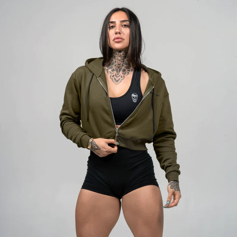 GYMREAPERS CROPPED ZIP-UP HOODIE | OD GREEN/BLACK